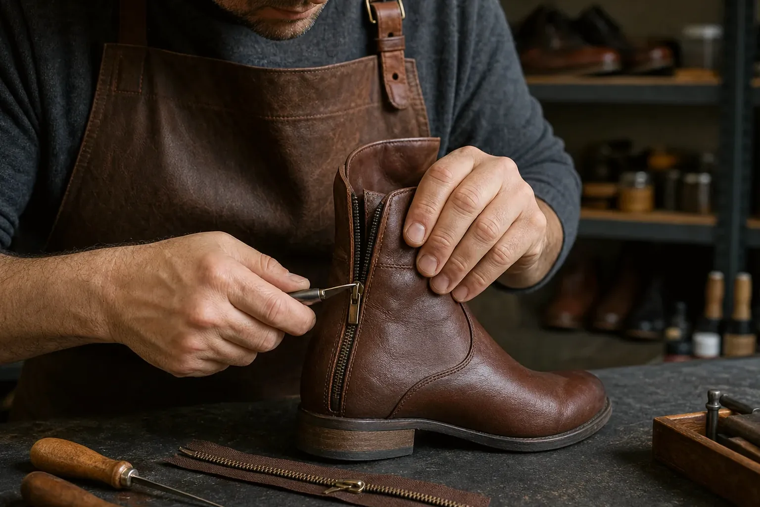 Profissional consertando o zíper de uma bota em Paulista, PE