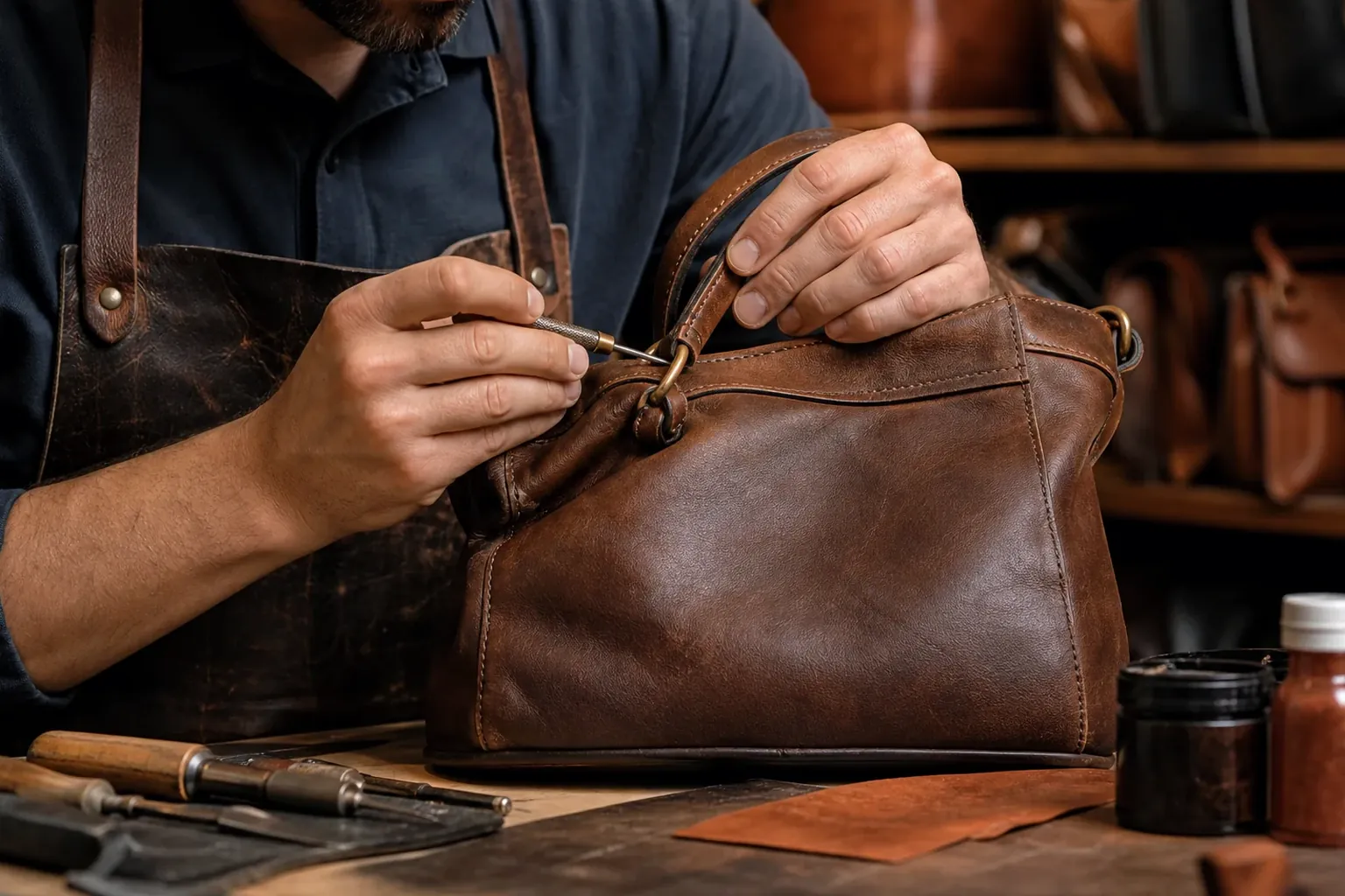 Sapateiro reformando bolsa de couro em Paulista, PE